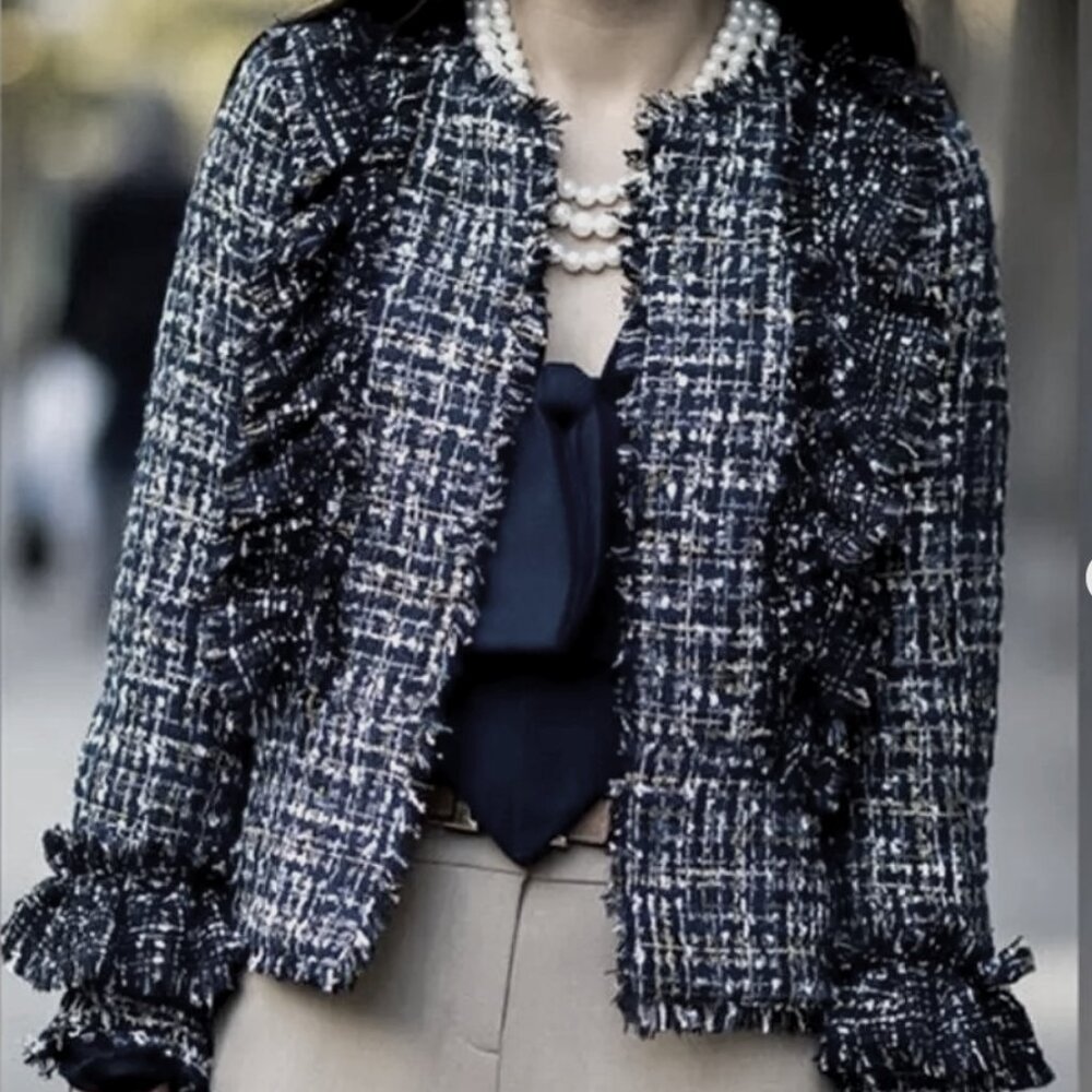 Ann Taylor Ruffle Tweed Blazer Size 6. Navy Blue Multicolor Shimmer Raw Edge - Picture 2 of 13